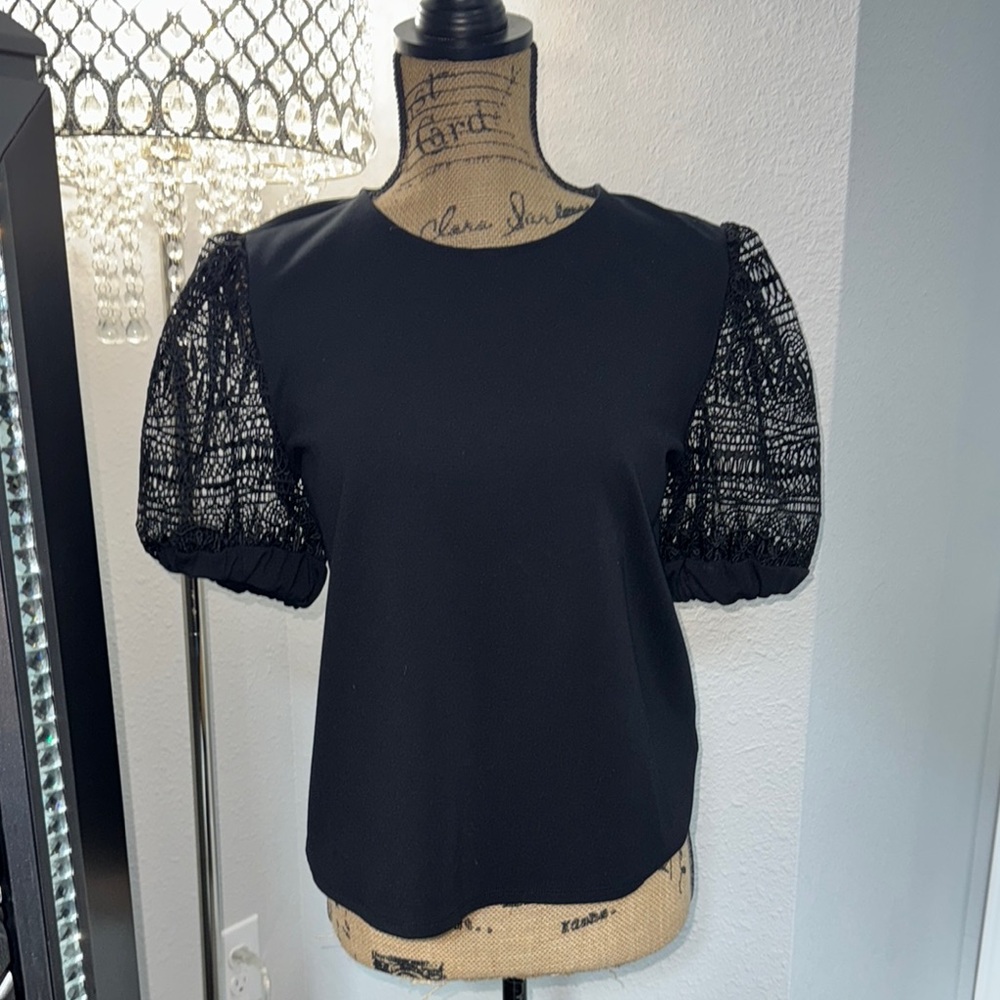 Express Black Puff Sleeve Embellished Blouse